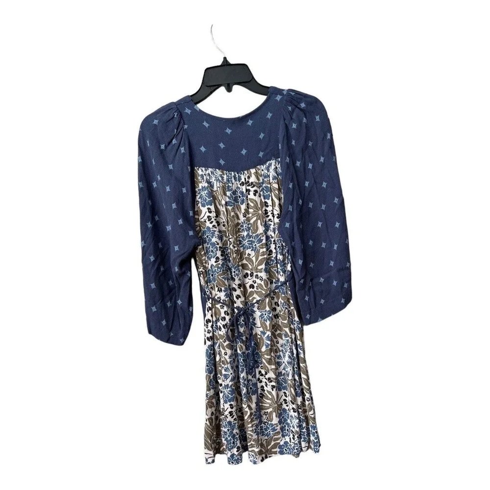 Free People Dress Womens XS Blue Floral Boho‎ Mini Babydoll Rayon Pockets V-Neck